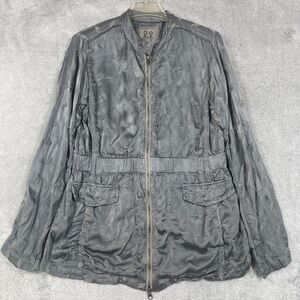 Johnny Was Bordi Satin Jacket Womens SM Blue Gray Rayon Embroidered Smock Waist